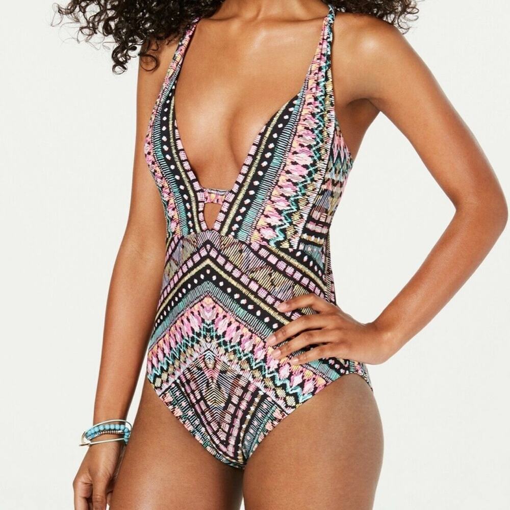 Bar III Women's Neon Tribal Plunging Neckline Tie Back One-Piece Swimsuit sz XS